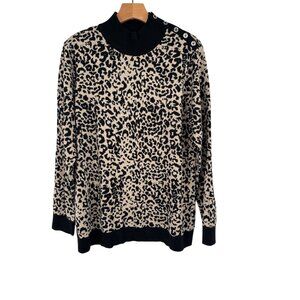 Calvin Klein Womens Leopard Print Sweater XL Black & Beige mock neck